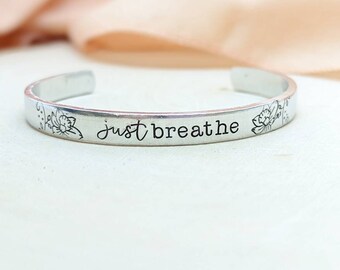 Just breathe hand stamped inspirational bracelet cuff-just breathe daily motivation silver cuff bracelet- just breathe silver cuff bracelet