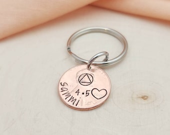 Sobriety penny keychain with custom date-sobriety symbol keychain-sobriety anniversary date keychain-custom sobriety date keychain