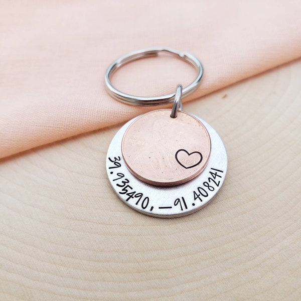Custom coordinates with personalized penny keychain-coordinate keychain with customizable penny keychain-personalized penny coordinates gift