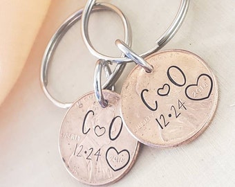 Set of 2 hand stamped penny keychains-anniversary/wedding gift for him, for her-personalized gift for wedding/anniversary-hand stamped gift