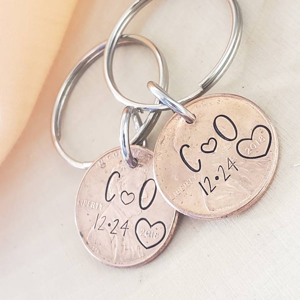 Set of 2 hand stamped penny keychains-anniversary/wedding gift for him, for her-personalized gift for wedding/anniversary-hand stamped gift