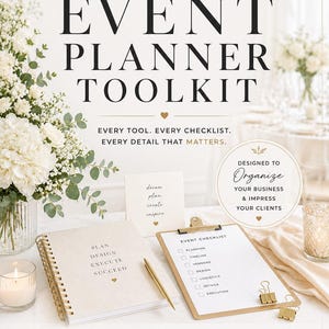 May include: The Ultimate Event Planner Toolkit by Grettel Dominguez features a spiral-bound planner, a clipboard with an event checklist, and a small card with the text dream, plan, create, inspire. Includes icons for checklists, schedules, and forms.
