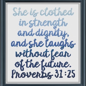Proverbs 31:25 Blue Cross Stitch Pattern | Bible verse cross stitch pattern| Instant download | Modern cross stitch Pattern