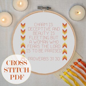Orange Chevron Proverbs 31:30 Cross Stitch PDF| Bible verse cross stitch kit| Jesus cross stitch kit | Christian cross stitch kit