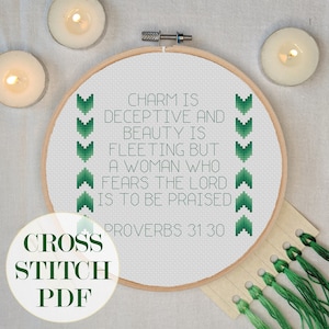 Green Chevron Proverbs 31:30 Cross Stitch PDF| Bible verse cross stitch kit| Jesus cross stitch kit | Christian cross stitch kit