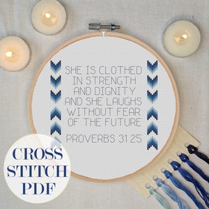 Blue Chevron Proverbs 31:25 Cross Stitch PDF| Bible verse cross stitch kit| Jesus cross stitch kit | Christian cross stitch kit