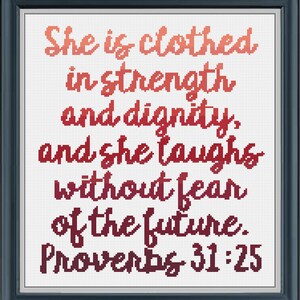 Proverbs 31:25 Pink Cross Stitch Pattern | Bible verse cross stitch pattern| Instant download | Modern cross stitch Pattern