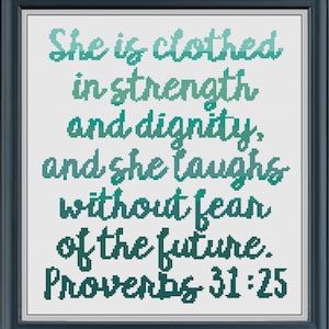 Proverbs 31:25 Blue Cross Stitch Pattern | Bible verse cross stitch pattern| PDF Instant download | Modern cross stitch Pattern