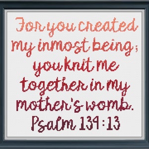 Psalm 139:13 Pink Bible Verse cross stitch pattern | Bible verse cross stitch pattern| PDF Instant download | Modern cross stitch Pattern