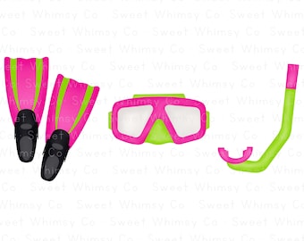 Pink and Lime Green Scuba Fins Goggles Snorkel PNG Sublimation Design | Scuba Diving Clipart Printable | Digital Art