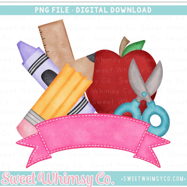 School Supplies PNG Sublimation Design, Pencil Crayon Scissors Apple PNG, Back To School Printable Clipart, Digital Art