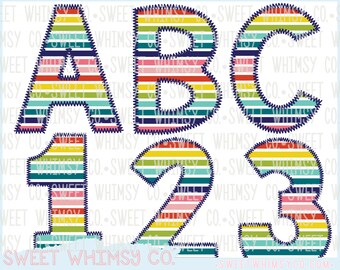 Rainbow Stripe Faux Applique Stitched Alphabet Numbers Letters Font PNG Clipart File