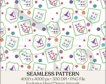Mahjong Floral Game Tiles Seamless Pattern: Pink & Turquoise (PNG File, Digital Download)
