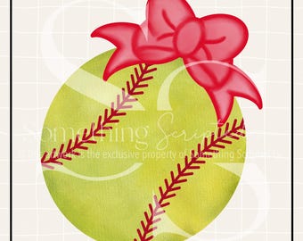 Softball With Red Bow PNG Sublimation Design: Hand-Drawn Printable Clipart (Instant Digital Download)