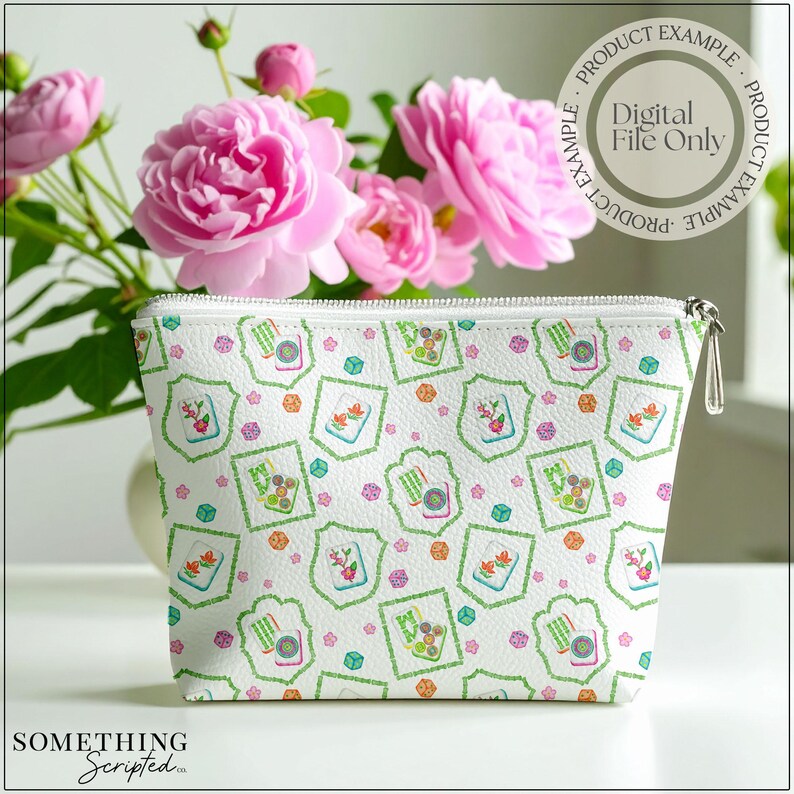 May include: White cosmetic bag with a repeating pattern of green framed designs, flowers, and dice. The bag has a silver zipper and is set against a backdrop of pink roses. The text "Digital File Only" is visible.