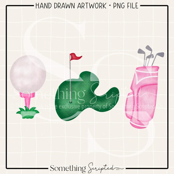 Pink Golf Ball Clubs Bag PNG Sublimation Design: Hand-Drawn Printable Clipart (Instant Digital Download)