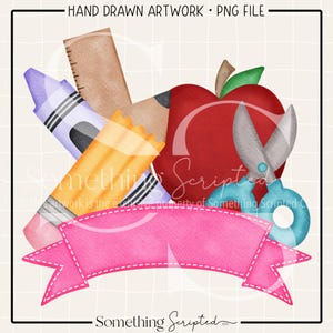 Pencil Crayon Apple Scissors Ruler PNG Sublimation Design: Hand-Drawn Printable Clipart (Instant Digital Download)
