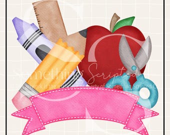 Pencil Crayon Apple Scissors Ruler PNG Sublimation Design: Hand-Drawn Printable Clipart (Instant Digital Download)