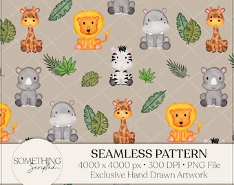 Jungle Animals Seamless Pattern: Watercolor PNG File, Hand Drawn Artwork, Instant Digital Download