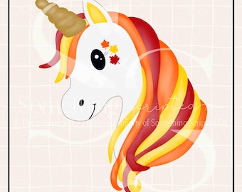 Könnte beinhalten: Handgezeichnete Einhorn-Illustration mit weißem Gesicht, goldenem Horn und Mähne in Rot-, Orange- und Gelbtönen. Das Einhorn hat einen lächelnden Ausdruck und Herbstblatt-Akzente. Der Text "HAND DRAWN ARTWORK • PNG FILE" steht oben.