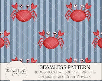 Crab Seamless Pattern: Watercolor PNG File, Hand Drawn Artwork, Instant Digital Download