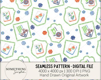 Mahjong Game Tiles Seamless Pattern, Hand Drawn Dice Design (PNG File)