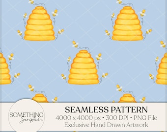 Bee Hive Seamless Pattern: Watercolor PNG File, Hand Drawn Artwork, Instant Digital Download