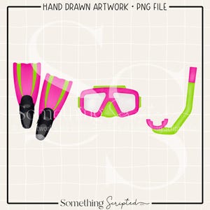 Scuba Diving Clipart: Pink & Lime Green Fins, Goggles, Snorkel (PNG Digital Download