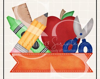 School Supplies Pencil, Crayon, Apple PNG: Hand Drawn Clipart (Digital Download)