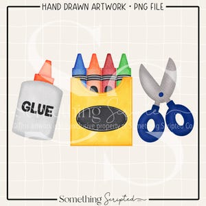 School Supplies PNG Sublimation Design, Glue Crayon Scissors PNG, Back To School Printable Clipart, Digital Art
