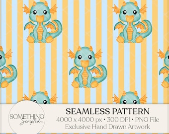 Dragon Seamless Pattern: Watercolor PNG File, Hand Drawn Artwork, Instant Digital Download