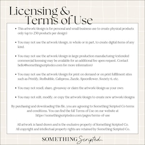 May include: A cream-coloured document titled "Licensing & Terms of Use" in black script. It outlines usage rights for artwork, including restrictions on digital items, large-scale manufacturing, and print-on-demand services. The document is from Something Scripted Co.