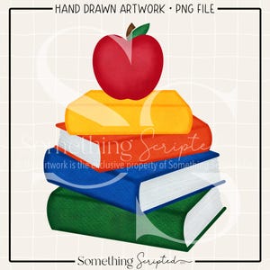 Op de afbeelding: Handgetekende illustratie van een stapel boeken met een rode appel erop. De boeken zijn in verschillende kleuren: groen, blauw, oranje en geel. De afbeelding bevat de tekst "HAND DRAWN ARTWORK • PNG FILE" en "Something Scripted."