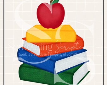 Apple School Book Stack PNG Sublimation Design: Hand-Drawn Printable Clipart (Instant Digital Download)