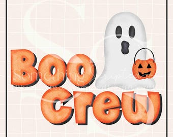 May include: A digital graphic featuring the text "BOO CREW" in bold orange letters with a black drop shadow. A white ghost character is positioned next to the text, holding a small orange jack-o'-lantern bucket. The top reads "HAND DRAWN ARTWORK - PNG FILE".