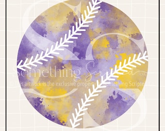 Purple & Yellow Gold Watercolor Baseball PNG Sublimation Design: Hand-Drawn Printable Clipart (Instant Digital Download)