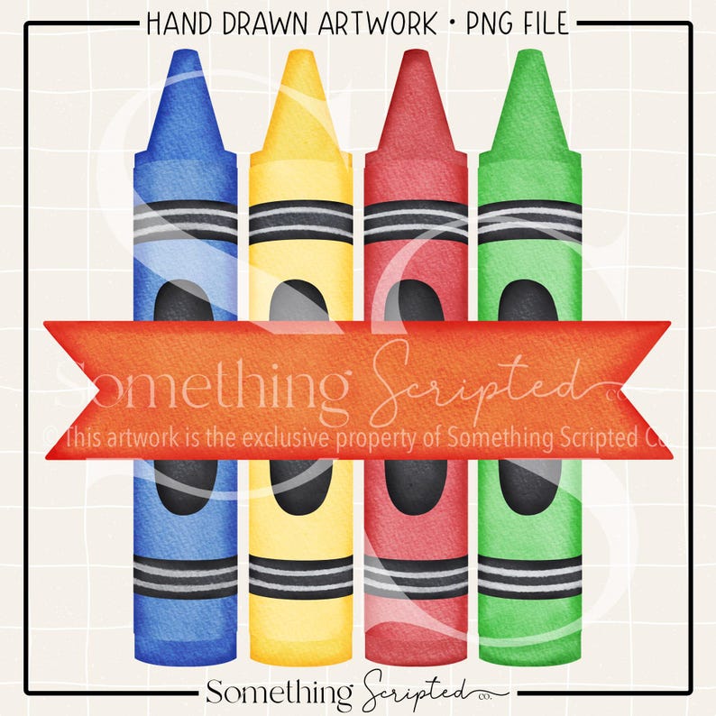 May include: A watercolour illustration of four crayons in blue, yellow, red, and green, each with a black band. A red banner with the text "Something Scripted" overlays the crayons. The image includes the text "HAND DRAWN ARTWORK &bull; PNG FILE".