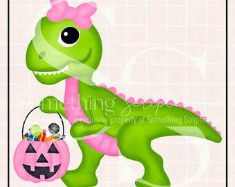 Pink Dinosaur Halloween PNG: Girl Trick or Treat-clipart (digitale download)