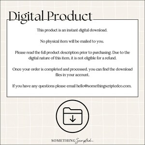 Op de afbeelding: Aankondiging van een digitaal product met de tekst "Digital Product". Het is een directe download, geen fysieke verzending. Bevat een downloadpictogram en het e-mailadres hello@somethingscriptedco.com.