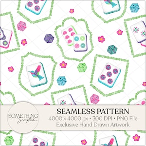 May include: A seamless pattern design with watercolour illustrations of mahjong tiles, dice, and flowers in pink, blue, green, and purple. The design includes bamboo-style frames on a white background. The text "SEAMLESS PATTERN" is also included.