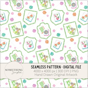 May include: Seamless digital pattern featuring watercolor illustrations of Mahjong tiles, dice, and flowers on a white background. The design includes green bamboo-like frames and pink floral accents. The text "SEAMLESS PATTERN - DIGITAL FILE" is also included.