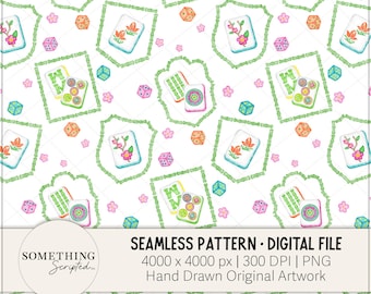 Mahjong Floral Game Tiles Seamless Pattern: Pink & Turquoise (PNG File, Digital Download)