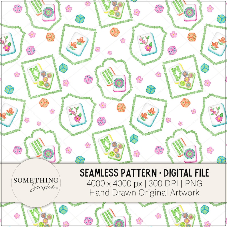 May include: Seamless digital pattern featuring watercolor illustrations of Mahjong tiles, dice, and flowers on a white background. The design includes green bamboo-like frames and pink floral accents. The text "SEAMLESS PATTERN - DIGITAL FILE" is also included.