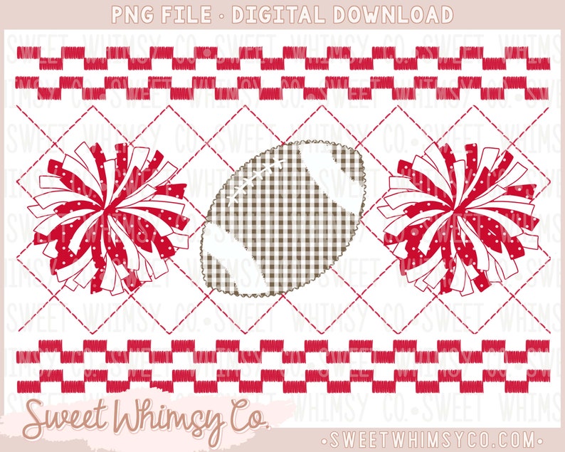 Football Cheer PomPom Red White Faux Smocked Stitched Embroidery Applique Design PNG Digital Download Clipart File