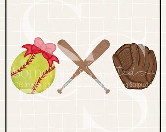 Red Bow Softball Glove Bats PNG Sublimation Design: Hand-Drawn Printable Clipart (Instant Digital Download)