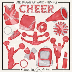 Red & Silver Cheer PNG Sublimation Design Bundle, Cheerleading Megaphone PomPom Uniform Backpack Clipart Printable, Digital Art Download