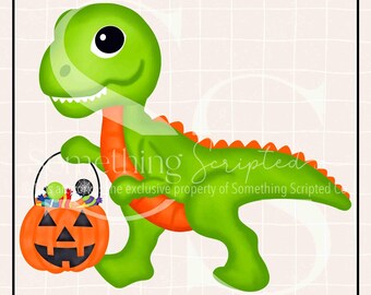 Trick or Treat dinosaurus Halloween PNG-sublimatieontwerp: handgetekende afdrukbare clipart (directe digitale download)