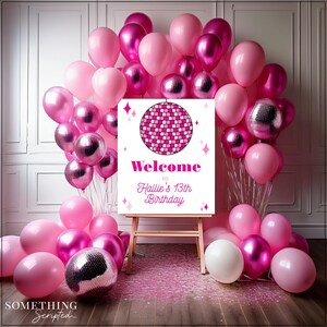 Pink Disco Ball Welcome Sign: Editable 70s Party Decor (Digital Download)