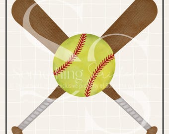 May include: Two brown wooden baseball bats crossed over each other with a yellow softball in the center. The softball has red stitching.