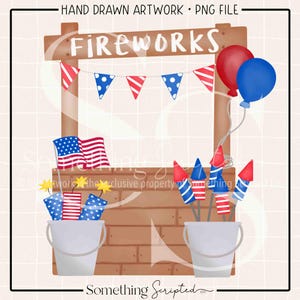 May include: A hand-drawn illustration of a fireworks stand with a red, white, and blue theme. The stand has a sign that says "FIREWORKS" and is decorated with red, white, and blue bunting. There are two buckets of fireworks, one on each side of the stand. The fireworks are red, white, and blue and have a starburst design. There are also two balloons, one red and one blue, floating above the stand.